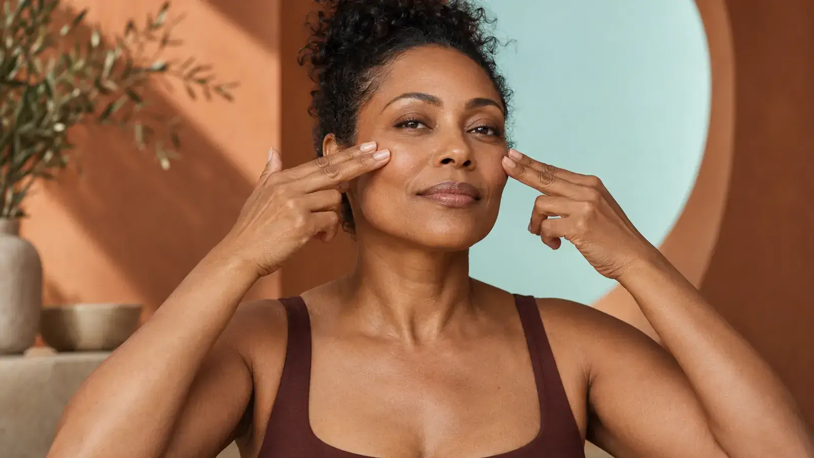 Woman practicing a gentle cheek-lift face yoga movement in warm studio light