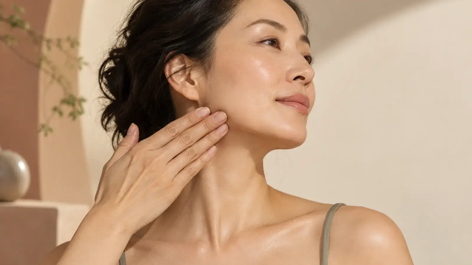 Woman demonstrating an upward massage glide along the jawline