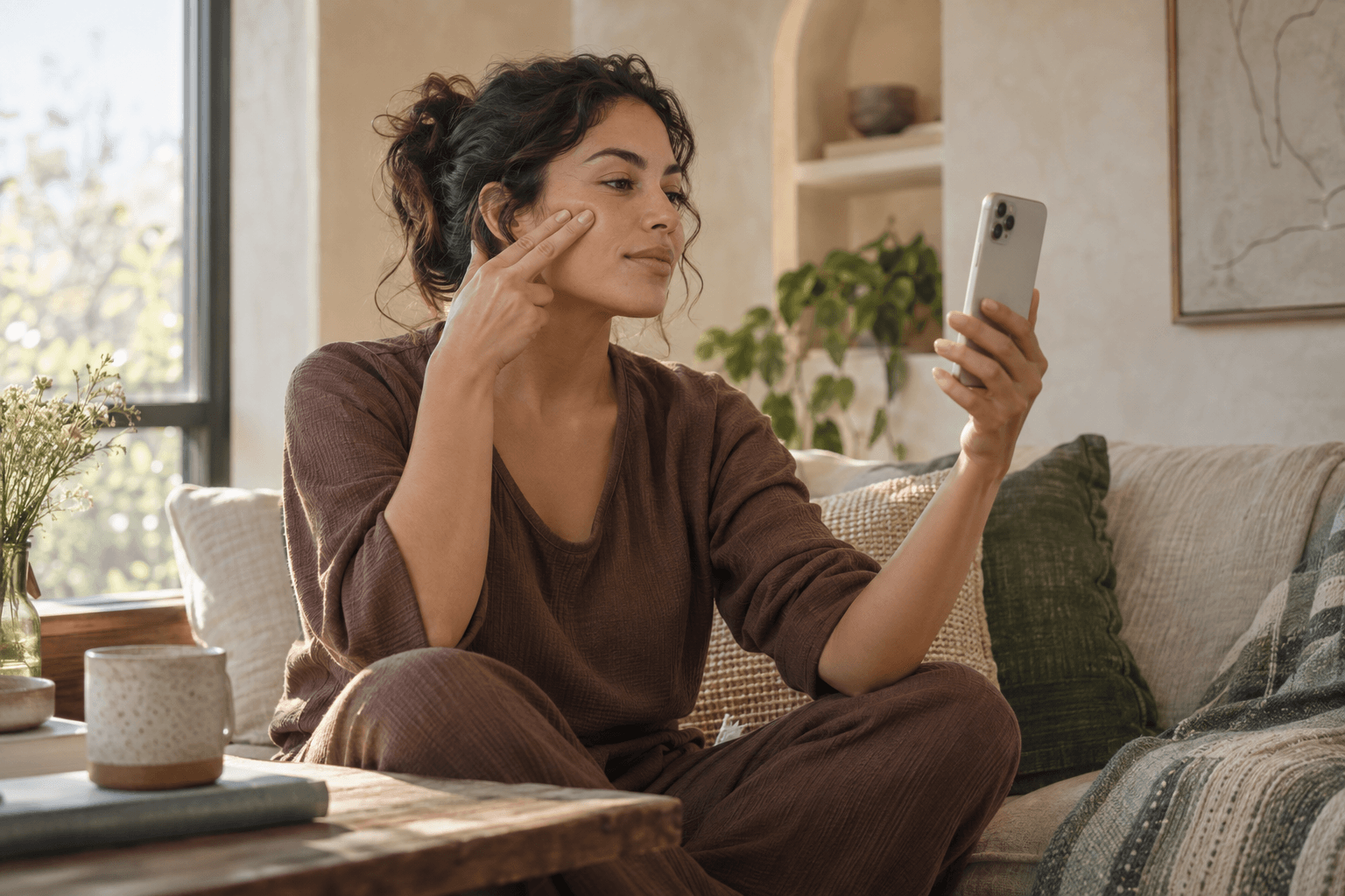Woman following a guided face-yoga session on her phone